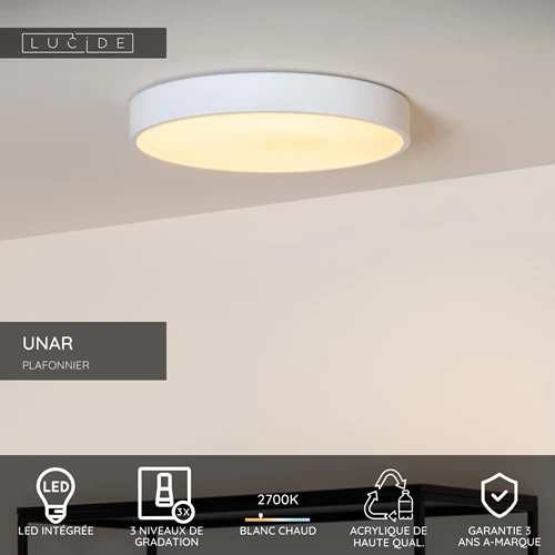 Lucide UNAR - Plafonnier - Ø 30 cm - LED 3 StepDim - 1x18W 2700K - Blanc - USP